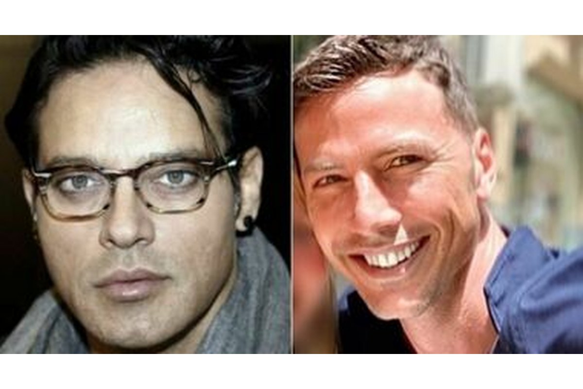 Gabriel Garko e il marito avvocato passeggiano in un giardino elegante.